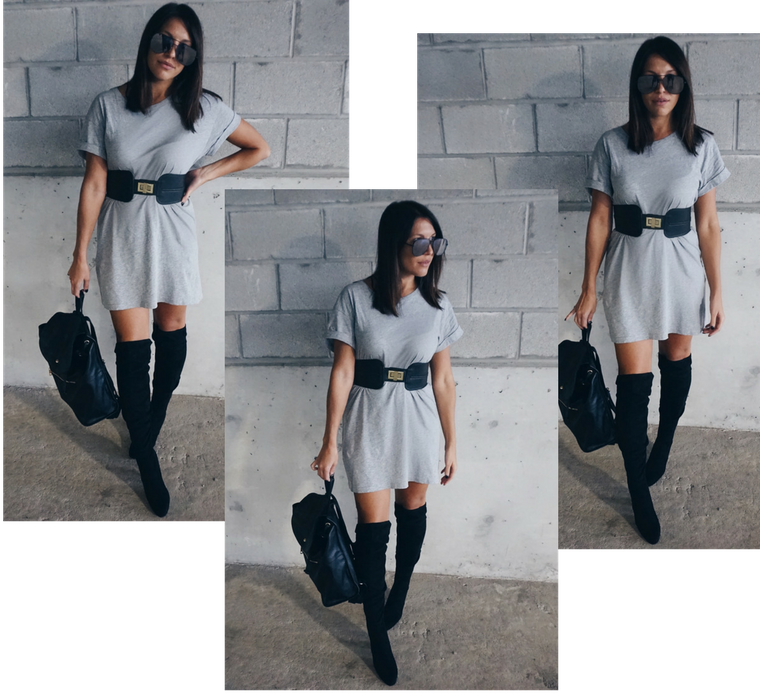 shirt dress and over the knee boots